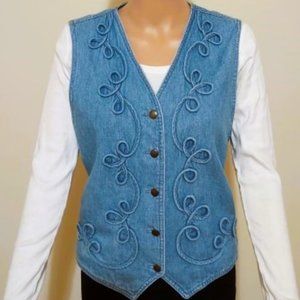 Vintage 80s Lizwear Denim Fully Lined Vest with Applique Decorations Size M